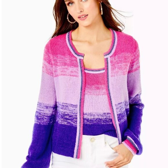 Lilly Pulitzer Wool Sweater Set Women Large Tessalyn Cabochon Purple Pink Ombre - Picture 3 of 12